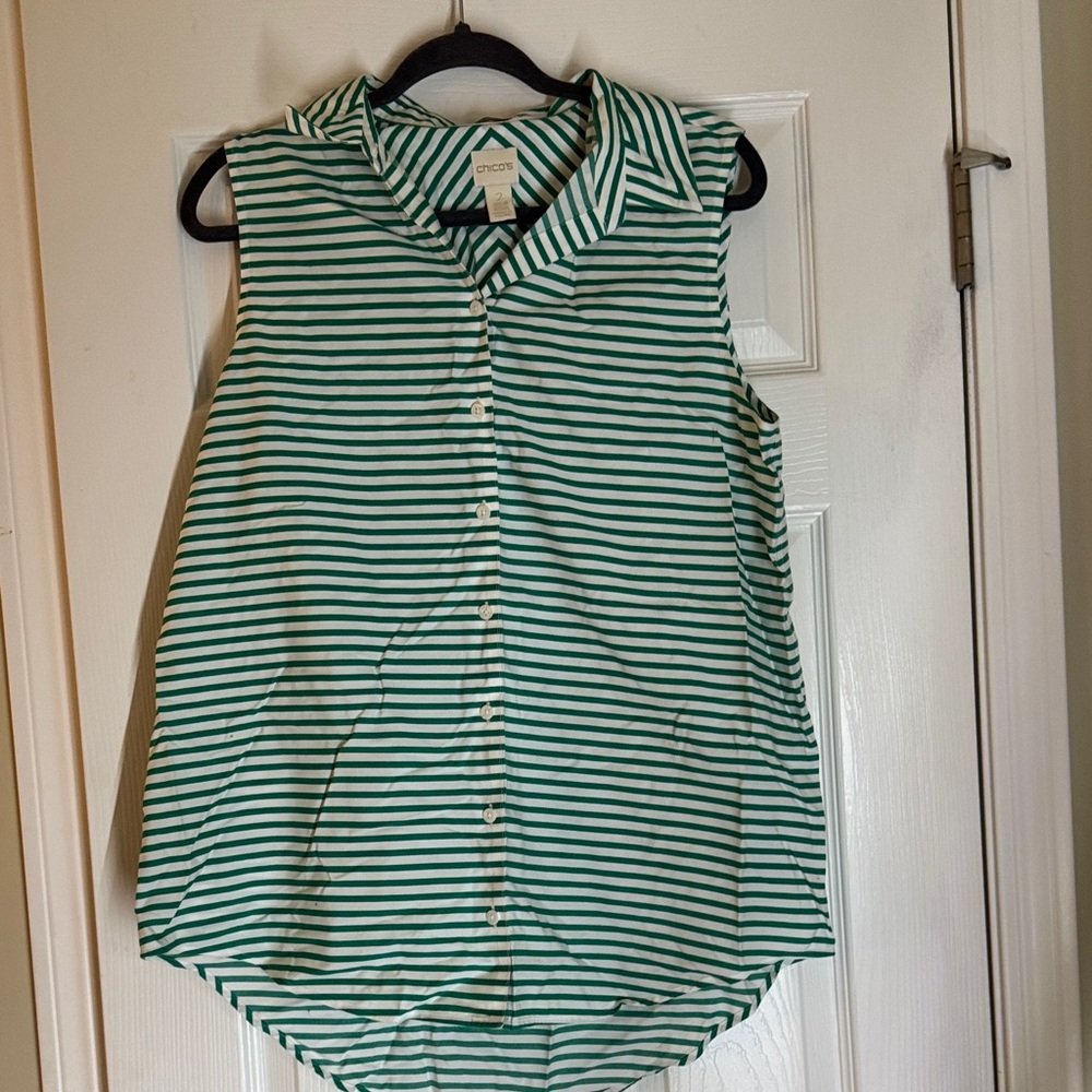 Green and White Striped Sleeveless Shirt